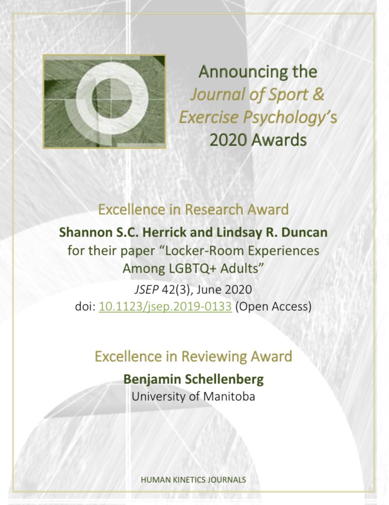 *cries in nerd* Thank you so much <a href="/Human_Kinetics/">Human Kinetics</a> and JSEP for acknowledging <a href="/LindsayDuncan9/">Lindsay Duncan</a> and my work “Locker-Room Experiences Among LGBTQ+ Adults” with this year’s Excellence in Research Award #AcademicTwitter #queeracademia #gradschool