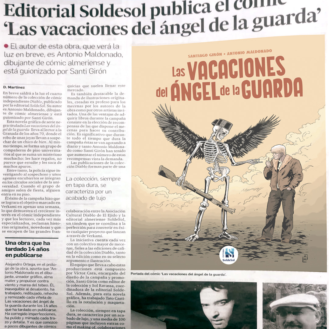ESoldeSol's tweet photo. Las vacaciones del ángel de la guarda, la nueva novela gráfica de nuestra colección Diablo ya está cerca de las manos de nuestros mecenas. Gracias a Diario de Almería por vuestro artículo #asociaciondiablo #autoediciondecalidad #novelagrafica https://t.co/8gqH9n2oeT
