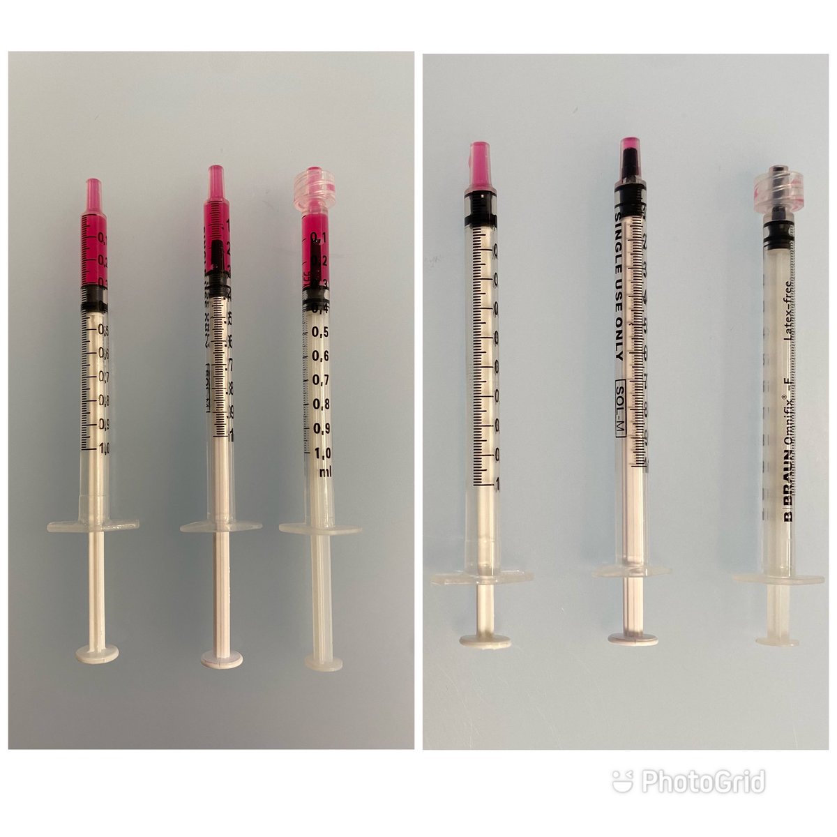 La importancia del espacio muerto. Con la jeringuilla del medio hemos podido usar 6 dosis por vial. #joemvacuno #COVID19