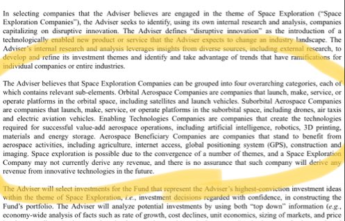 Wait — why is he talking about air taxis and  $EXPC?!? Well, looking through the SEC filing for the launch of the  $ARKX fund you’ll notice, Cathie isn’t limiting herself to just pure-play space stocks, no. Much more than that - to allow her to diversify accordingly.