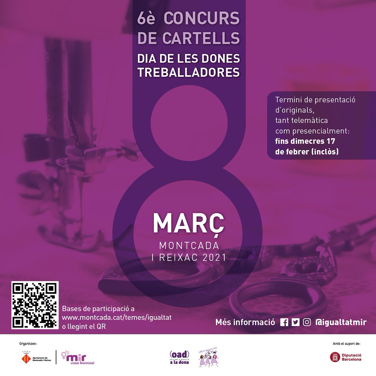 Convocada la 6a edició del concurs per triar el cartell que il·lustrarà el Dia de les Dones Treballadores del 2021, ‘8 de març’. Límit: fins al 17 de febrer. Consulta totes les bases a:
➡️ montcada.cat/temes/igualtat