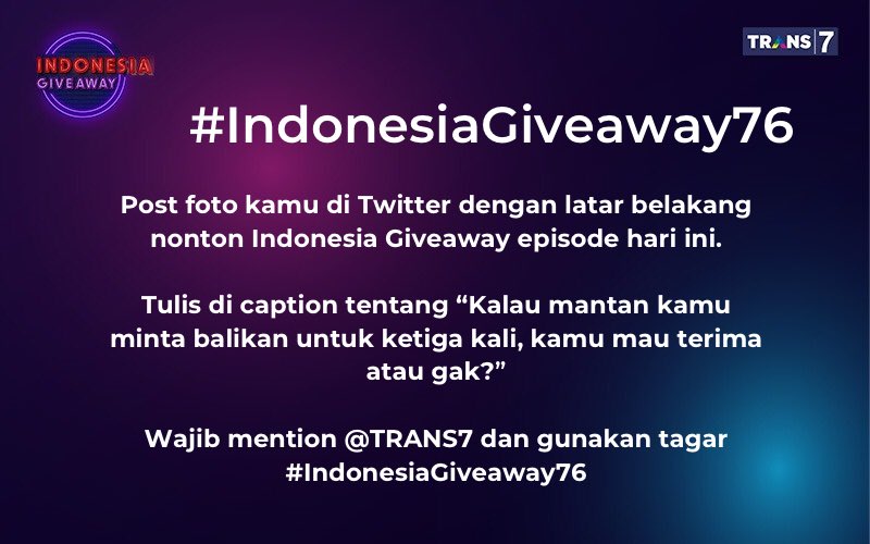 TRANS7's tweet photo. Ada 5 pemenang beruntung yang bakal dapat 250 ribu Rupiah~
Siapa tau hari ini yang beruntung🎊 https://t.co/DCno76WyIH