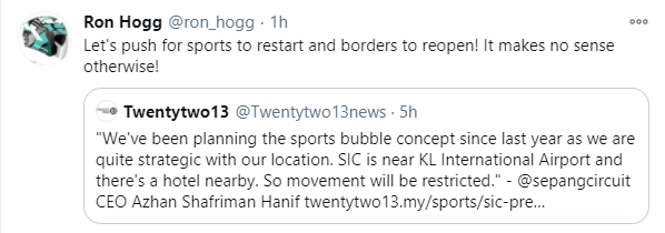 This tweet by  @ron_hogg reflects the sentiments of many in the sports industry. They have been victims of the "pause" button since the 1st MCO in March 2020. So who's to blame? I'm starting a thread, let's discuss ...