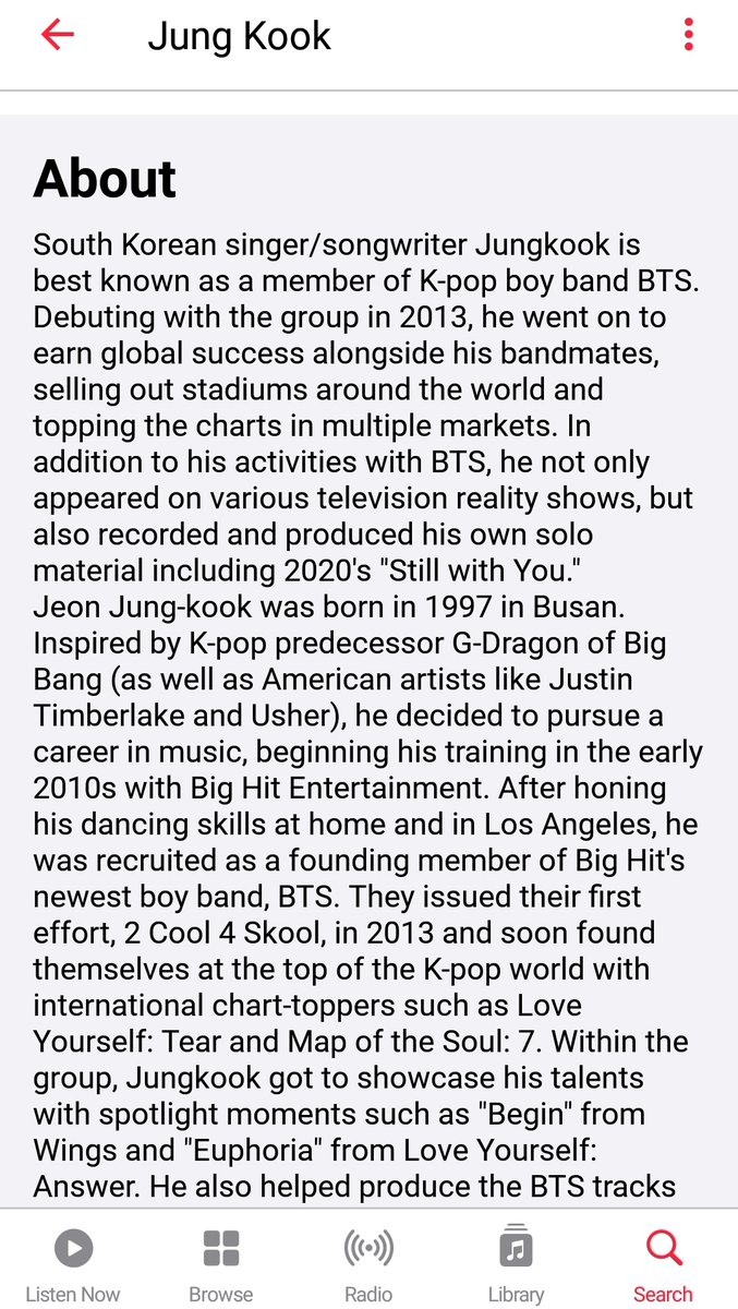 [🐰]
Jungkook'un Apple Music hesabına biyografi eklenmiş 🤔 JJK1 diye düşünmüyor değiliz 🧐