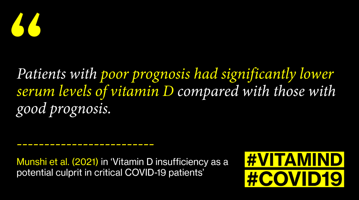 (2) Munshi et al. (2021) report that patients with a poor prognosis had a significantly lower vitamin D level and conclude that "diagnosis of vitamin D deficiency could be a helpful adjunct in assessing patients' potential of developing severe COVID-19."  https://onlinelibrary.wiley.com/doi/10.1002/jmv.26360