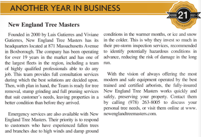 NETreeMasters's tweet image. New England Tree Masters 21 years in business. Modern &amp;amp; safe, professional tree🌳🌲service, certified arborists. Contact us @ 978-263-8005 or visit newenglandtreemasters.com. 
PS Happy 50th &amp;amp; thanks for sharing our story Action Unlimited!    
#netreemasters #Boxborough #ActonMA