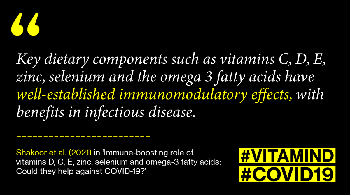 (3) Shakoor et al. (2021) discuss "the role of these dietary components in immunity as well as their specific effect in COVID-19 patients" in their review paper, and how supplementation of these nutrients may be used to decrease the mortality rates.  https://www.maturitas.org/article/S0378-5122(20)30346-7/fulltext
