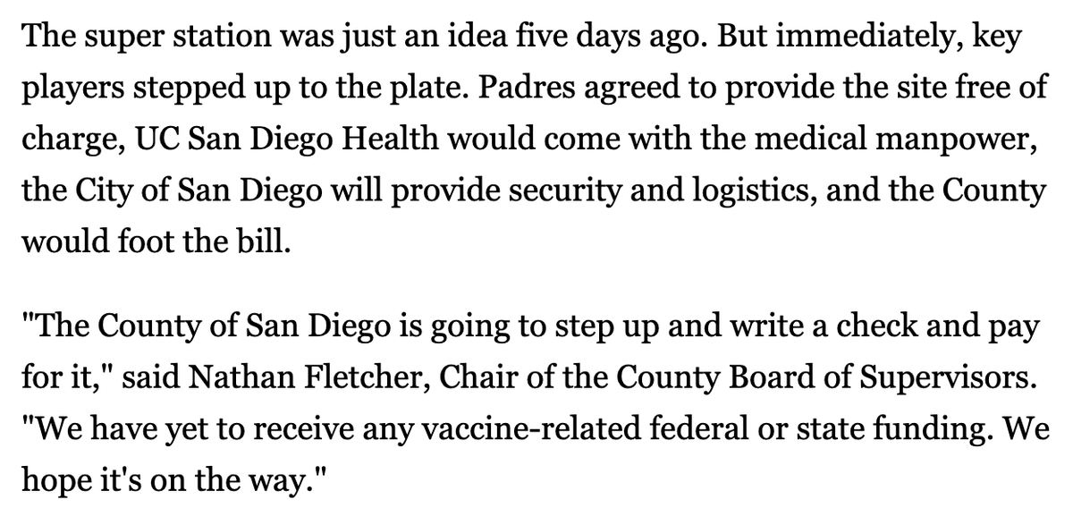 The US vaccinates 50% of its entire population *every year* for flu. We already have operational infrastructure to vaccinate at scale.San Diego recently opened its own megacenter after deciding to move fast versus wait on state or feds https://www.10news.com/news/coronavirus/vaccination-super-station-to-open-monday-in-downtown-sd