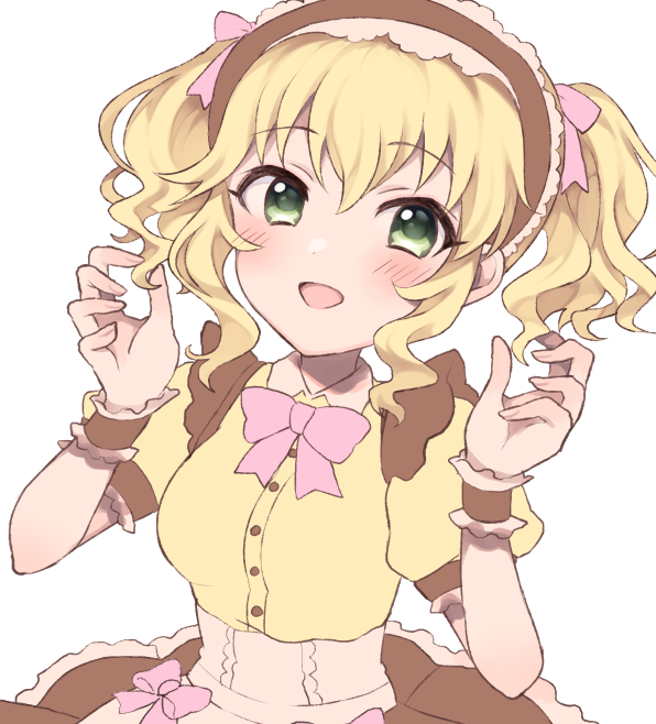 sakurai momoka 1girl solo blonde hair green eyes pink bow bow smile  illustration images