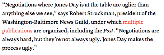 Then and now, APMG is represented by Jones Day. It’s one of the nation’s largest law firms, notorious for its aggressive union-busting tactics.  https://www.cjr.org/analysis/jones-day-unions-slate-strike.php