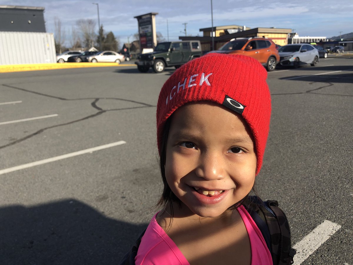 A moment of pure joy as a TV journalist. While covering #COVID19 vaccine drivethru today @Cowichan_Tribes elder asked me if I could take a pic w/ her grandkids b/c it was 4 y/o Alana’s birthday ❤️ YES! I said and @ScottFee_ I’m going to need a new @CHEK_News hat. I gave her mine.