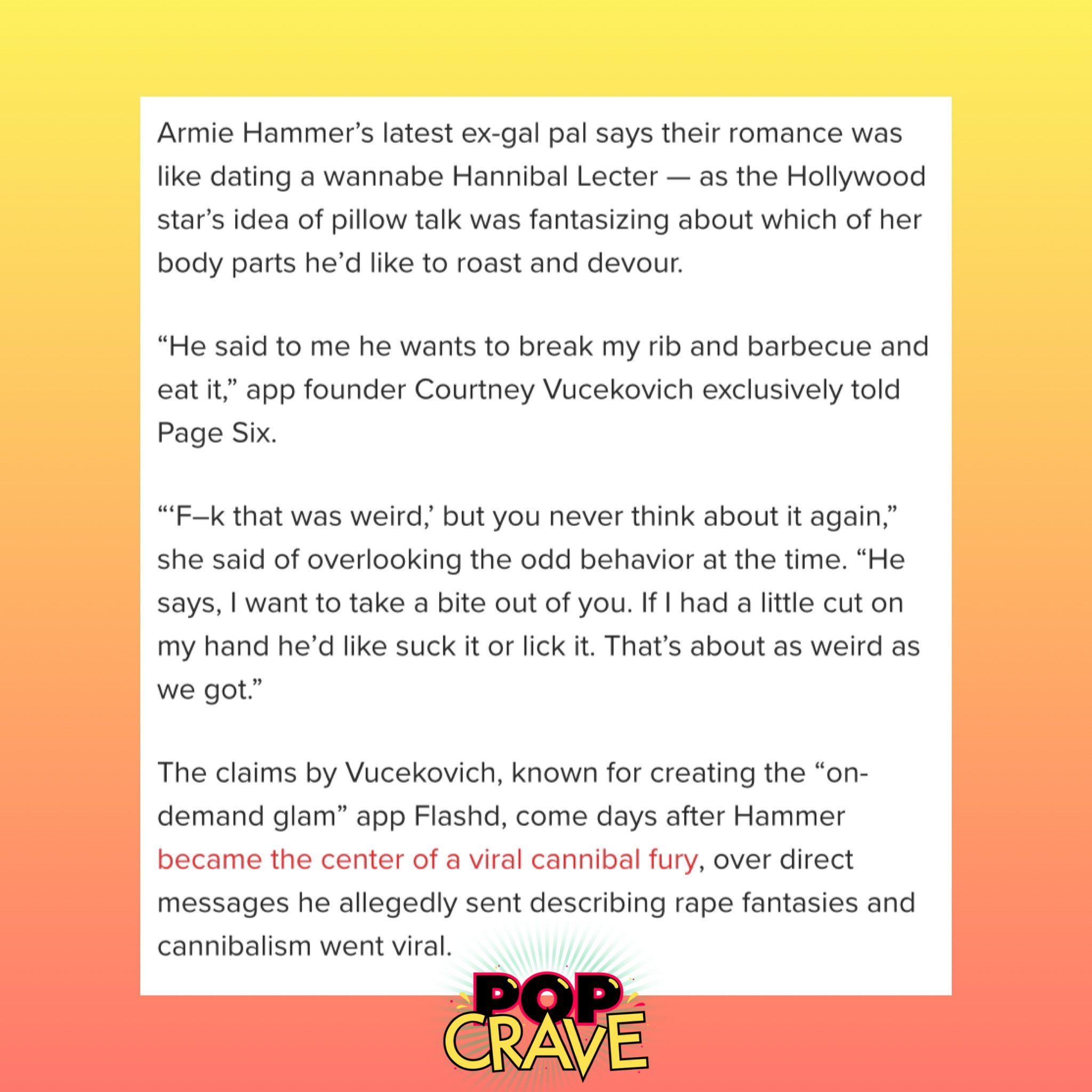 Armie Hammer's ex says he wanted to barbecue her rib and eat it