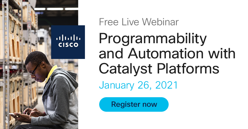 LearningatCisco's tweet photo. Free DevNet Technical Webinar | Programmability and Automation with Catalyst Platforms | January 26, 2021
https://t.co/kGzItXCz4h https://t.co/XWUAUKy60I