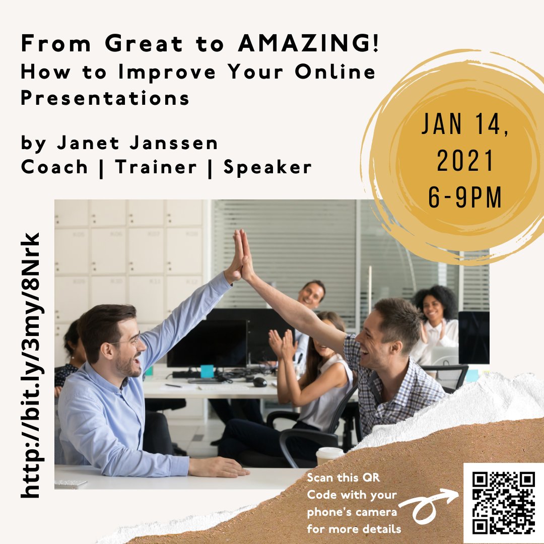 Ever given a presentation and felt like no one was listening? How about in online meetings?
I’m here to help you learn how to ENGAGE your audience!!
TONIGHT
6PM-9PM PST
We’ll be talking about all the secrets of making great presentations!
Use link on image to sign up!