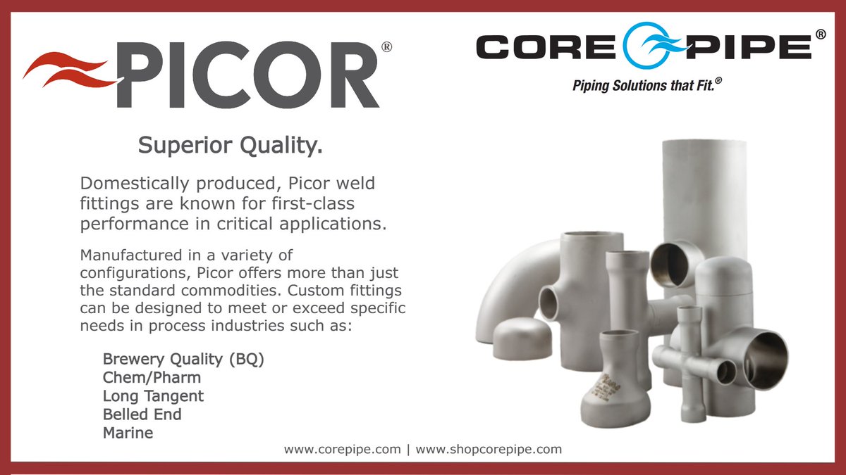 BQ, Chem/Pharm, Long Tangent, Belled End, Marine - our Picor line of fittings delivers the level of quality and reliability that industrial projects demand.

Visit CorePipe.com and ShopCorePipe.com