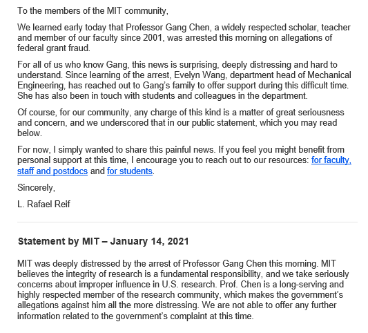 MIT President Rafael Reif statement on arrest of professor Gang Chen for grant fraud.- Chen is 'scholar, teacher'- charges 'hard to understand'- offering 'support' to Chen family Statement does not mention People's Republic of China