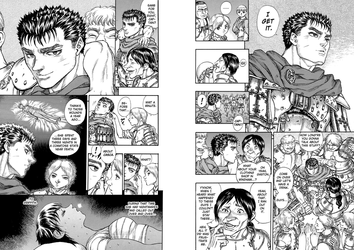 Gaston's story is especially telling as he had the opportunity to do his dream but decided to come back.Guts seemed to agree with his decision at the time, this marks a shift for him that is confirmed when he tells Casca he can't envision his future without her.