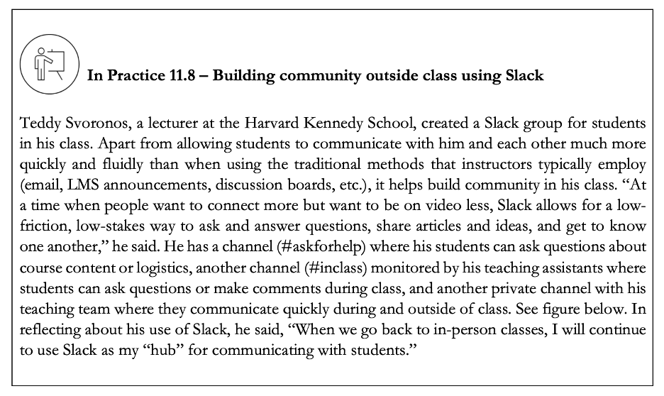 4/ Another great tip for remote learning (provided by  @tedsvo from  @Kennedy_School ) is to use Slack to communicate with your students and build community.Here's an example of how you can efficiently leverage Slack: