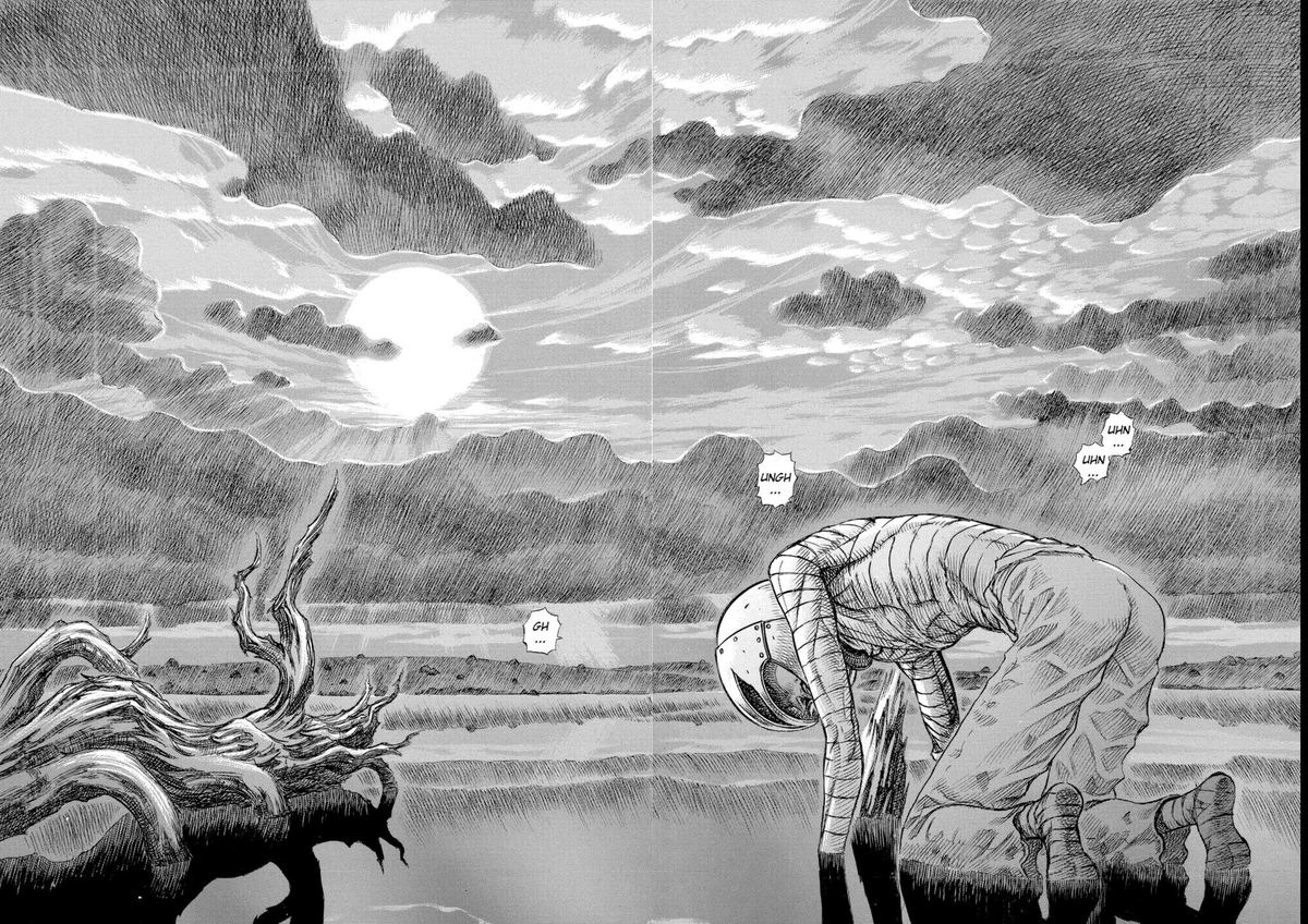 Unwilling to abandon Casca or his dream, Guts is himself in a unstable state that mirrors Griffith's trajectory in the opposite way. Never has the vision of the Femto side of Griffith been more challenged in the story at that point.Unfortunately we know what happens next...