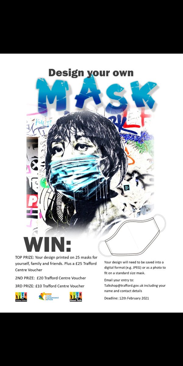 ‼️COMPETITION TIME ‼️
We want you to design your own mask

So get involved and send you entries to Talkshop@trafford.gov.uk or youthwork@trafford.gov.uk

Entries close on 12th Feb 

#youthwork #trafford #creative #fun #wellness #covid_19 #community #competition