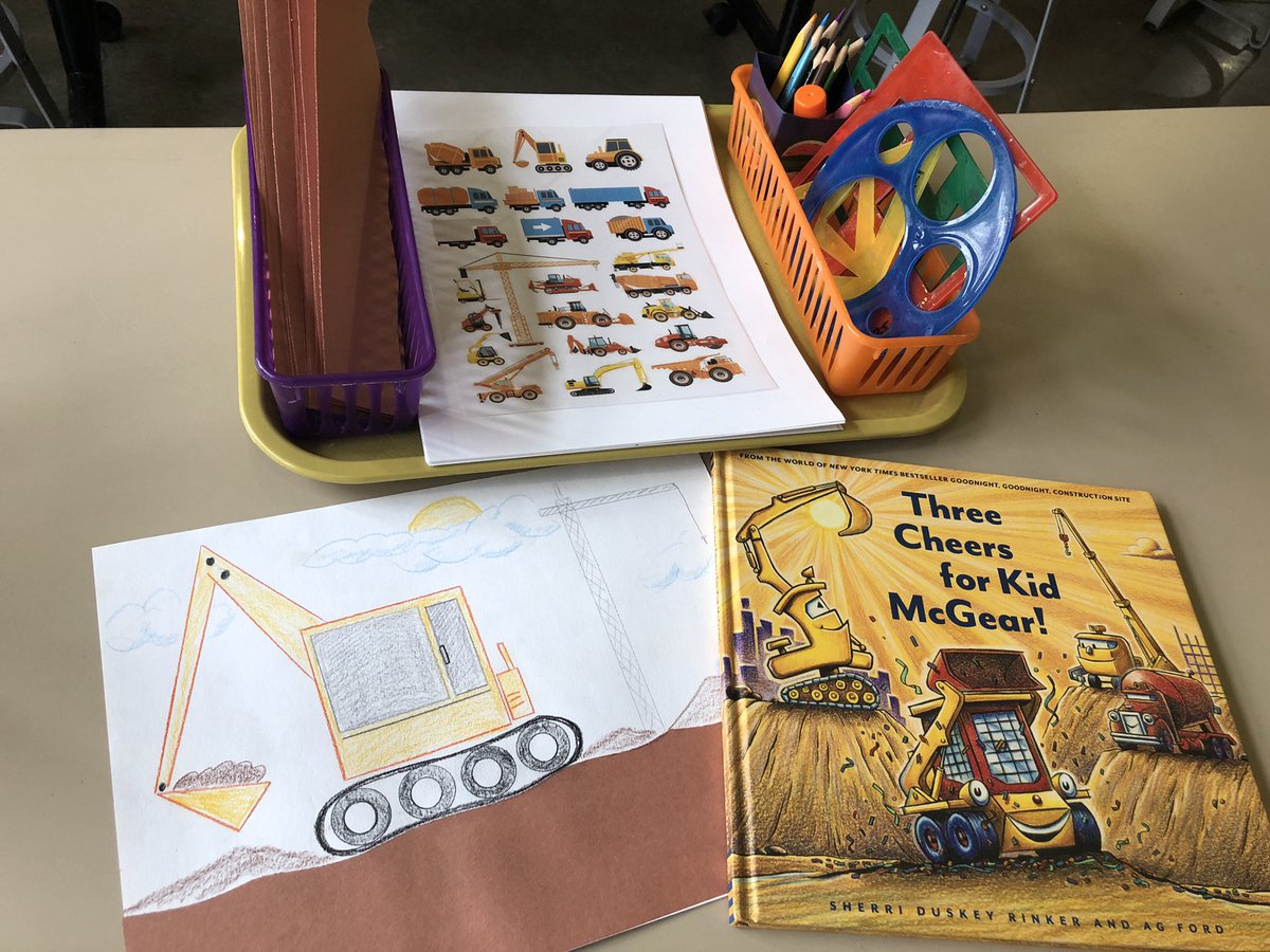 Primary artists are learning to draw construction vehicles using simple shapes like circles, squares and rectangles with inspiration from the illustrations in @SherriRinker & @agford book “Three Cheers for Kid McGear!” Bravo young artists! #montessoriart #ChildrensBooks #drawing