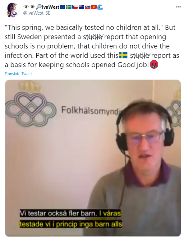  #Schools around the world. #Sweden: Despite open schools, children didn't get sick or spread the virus.Also Sweden (Tegnell in a press conference now in January, via  @IvaWest_SE, machine-translated): In spring, we basically tested no children at all.The latter is true.