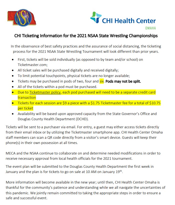 Wrestling Fans - Please read the UPDATED State Wrestling Ticket Information on the NSAA website at nsaa-static.s3.amazonaws.com/textfile/wrest….

Tickets go on sale Jan. 19 at 10 a.m. via Ticketmaster.

<a href="/CHICenterOmaha/">CHI Health Center Omaha</a> | #nebpreps