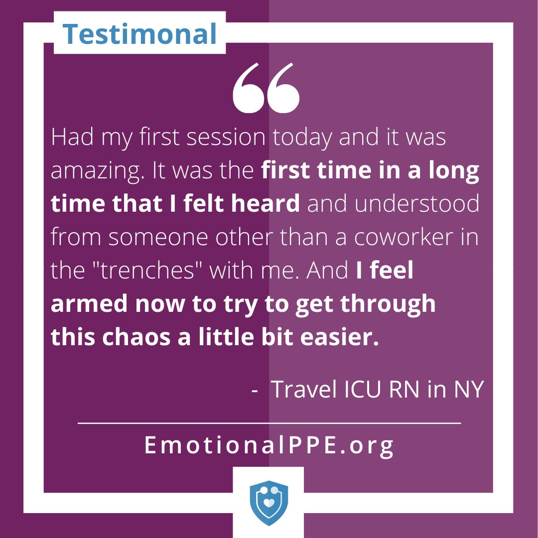 We started The Emotional PPE project to help healthcare workers impacted by the COVID-19 crisis. Our experienced volunteer therapists are dedicated to providing free sessions. No insurance. No cost. Just a trained professional to talk to. EmotionalPPE.org