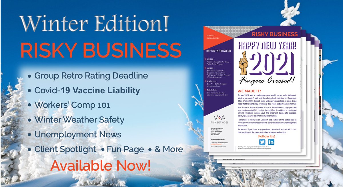 VARiskServices's tweet photo. The latest edition of our quarterly newsletter, Risky Business, is out! Inside you'll find info about important deadlines, COVID-19 vaccine liability, unemployment news, winter weather safety, our client spotlight, and much more! https://t.co/UFQEzBzZve https://t.co/eEyeJNsIuG