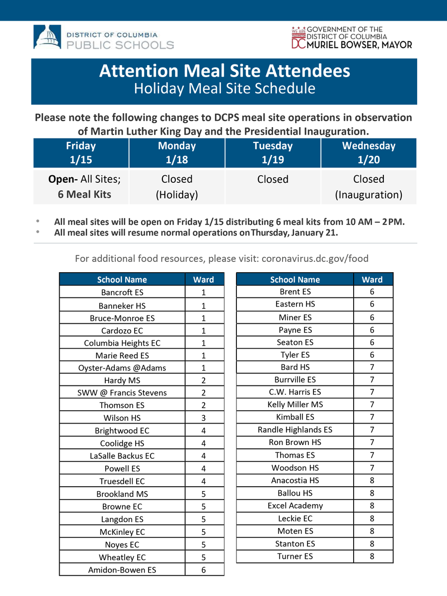 dcpublicschools's tweet photo. 🚨 Holiday Meal Site Schedule Update 🚨

All meal sites will be closed January 18, 19, and 20 in observation of Martin Luther King Day and the Presidential Inauguration. 

All meal sites will resume normal operations on Thursday, January 21. https://t.co/mAWRR0E1i6