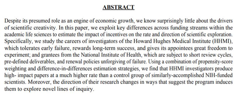 5. Switching genre, there's the work of  @pierre_azoulay and collaborators, studying the HHMI versus NIH approaches to discovery in the life sciences:  https://www.nber.org/system/files/working_papers/w15466/w15466.pdf