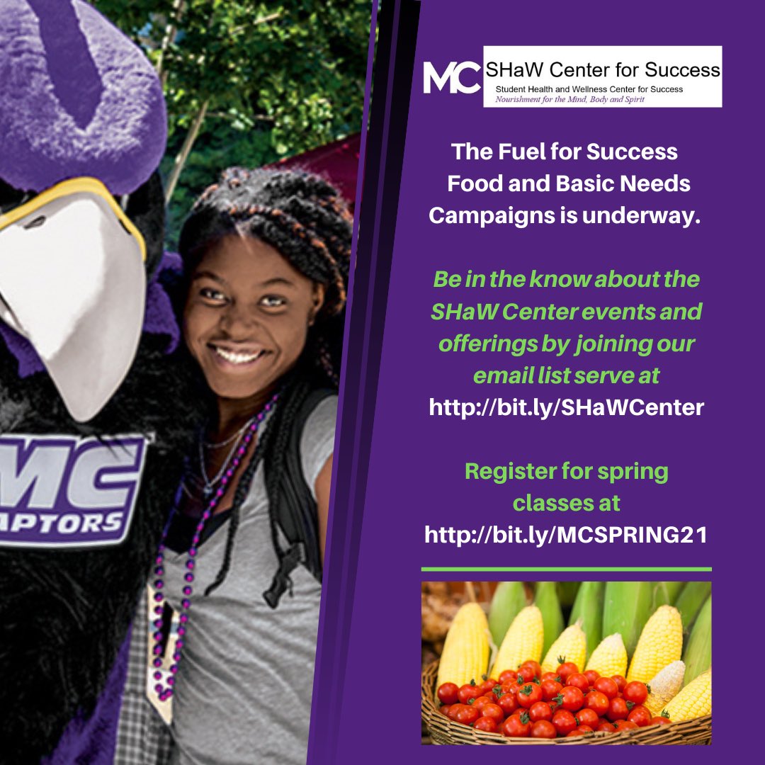 The SHaW Center is continuing it’s commitment to fighting food insecurity with a number of different events this semester. To take advantage of these programs make sure you register for your Spring 2021 classes! #fuelforsuccess @montgomerycoll