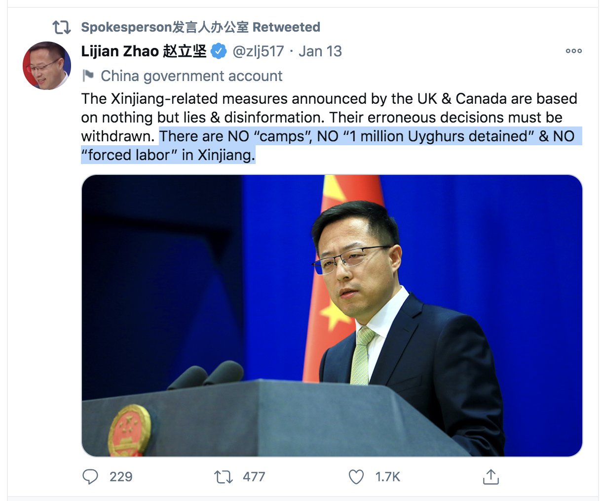 Jeryl Bier on Twitter: ""There are NO “camps”, NO “1 million Uyghurs  detained” & NO “forced labor” in Xinjiang." - China government account I  assume there is no label on this tweet