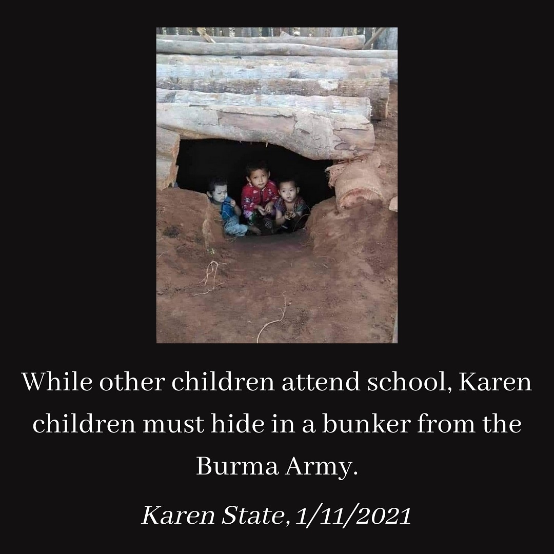 uscb's tweet photo. This is an everyday reality for children in #Karen state and other states where they must hide or flee for their lives from the #Tatmadaw. #Burma #Myanmar #humanrightsabuses #refugees #idps #internallydisplacedperson https://t.co/oSj3FUNTFv