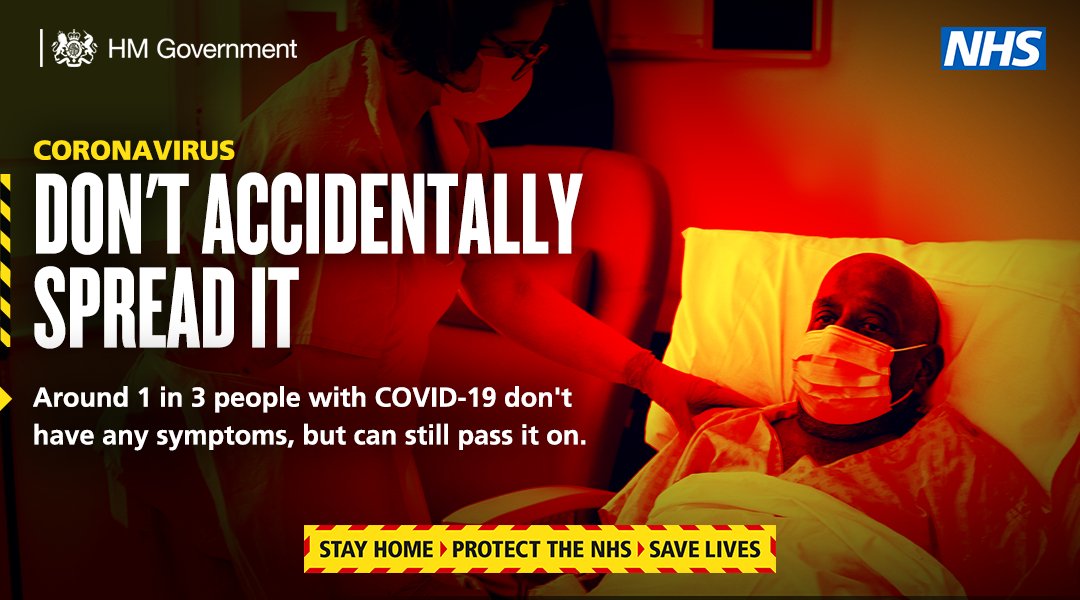 Coronavirus - don't accidentally spread it. Around 1 in 3 people with COVID-19 don't have any symptoms, but can still pass it on. Stay home. Protect the NHS. Save lives.