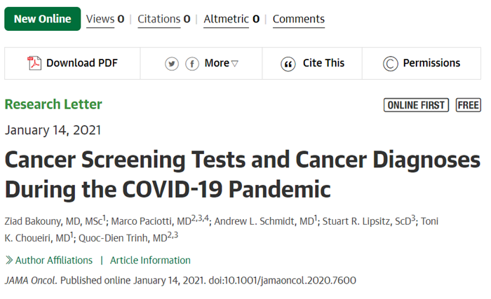 Excited to share new data on cancer screening during the  #COVID19 pandemic in our study just published in  @JAMAOncPleased to work with co-first authors Marco &  @dr_aschmidt and co-senior authors  @DrChoueiri &  @qdtrinh  @DanaFarber  @BrighamWomens  https://jamanetwork.com/journals/jamaoncology/fullarticle/2774867