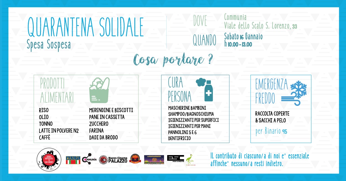 Sabato #15gennaio a <a href="/CommuniaRoma/">Communia</a> raccolta di generi alimentari e igienico-sanitari per la #quarantenasolidale. Stavolta raccogliamo anche coperte e sacchi a pelo per l'#emergenzafreddo che ha già fatto 9 morti a #Roma. 
Nessun* resti sol*! 
Passaparola! 
facebook.com/12816345726539…