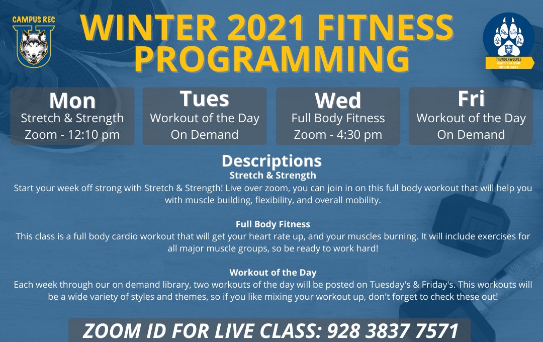 We are back starting on Jan 18 with new Fitness Programming! We are excited for everyone to meet our new fitness instructors, Michael &amp; Nicole, over zoom &amp; social media next week. We hope to see you all at our first class on Monday!