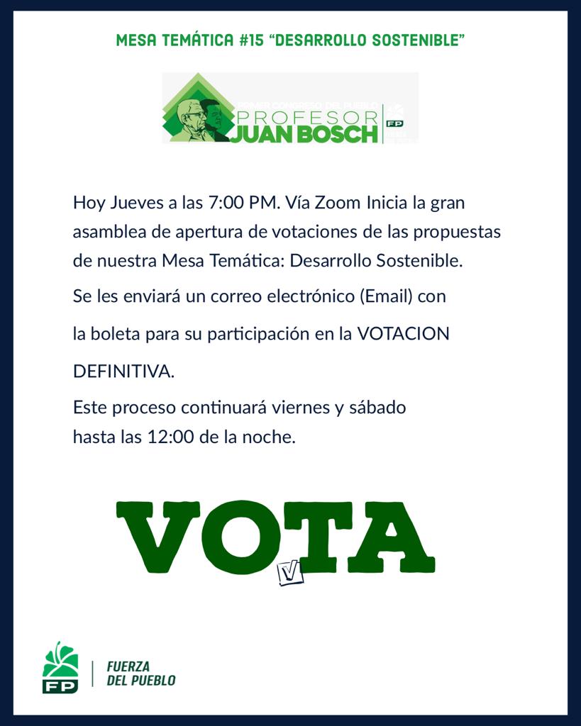 Hoy Jueves 14 de Enero a las 7:00PM. Vía Zoom inicia la gran Asamblea de apertura de votaciones de las propuestas de nuestra Mesa Temática: Desarrollo Sostenible.
#vamostodosavotarmt15