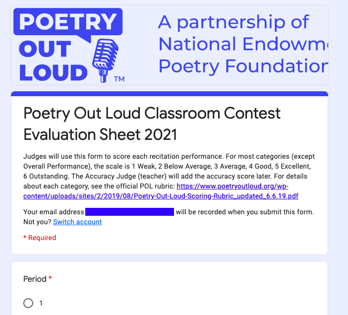 Are you running your <a href="/PoetryOutLoud/">PoetryOutLoud</a> contest in a #hybrid or #distancelearning model? Here’s a Google Form version of the judge’s Contest Evaluation Sheet: docs.google.com/forms/d/1kurfu…

#engchat <a href="/GoogleForEdu/">Google for Education</a> #poetryoutloud #teachlivingpoets