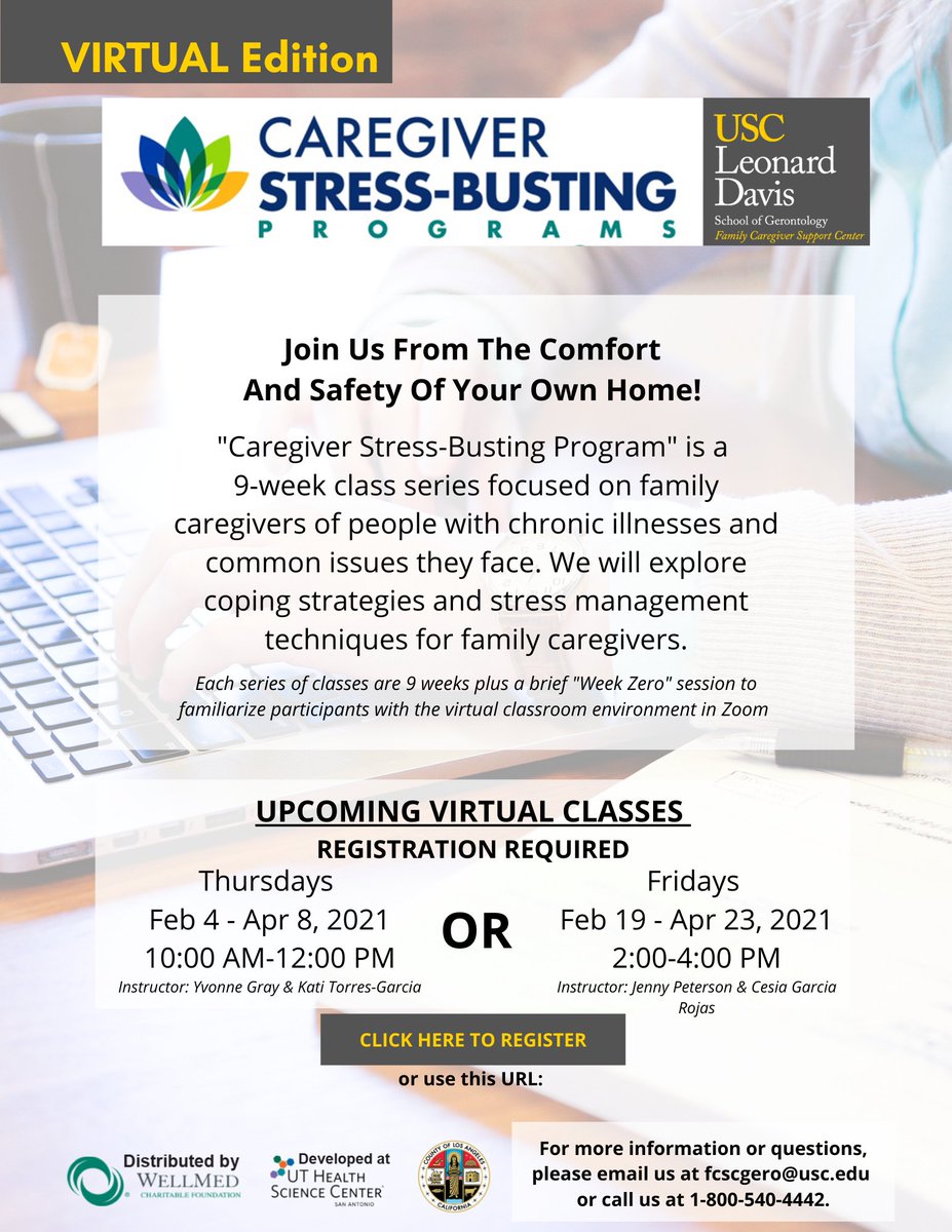 USCFCSC's tweet photo. #USCFCSC is offering virtual Stress Busting Programs promoting self-care among caregivers. Learn how to deal with the stress through relaxation and problem solving! Spaces are limited, sign up now! https://t.co/45iGBp4jlV #CaregiversFightOn βοΈ https://t.co/ENgangxHH1