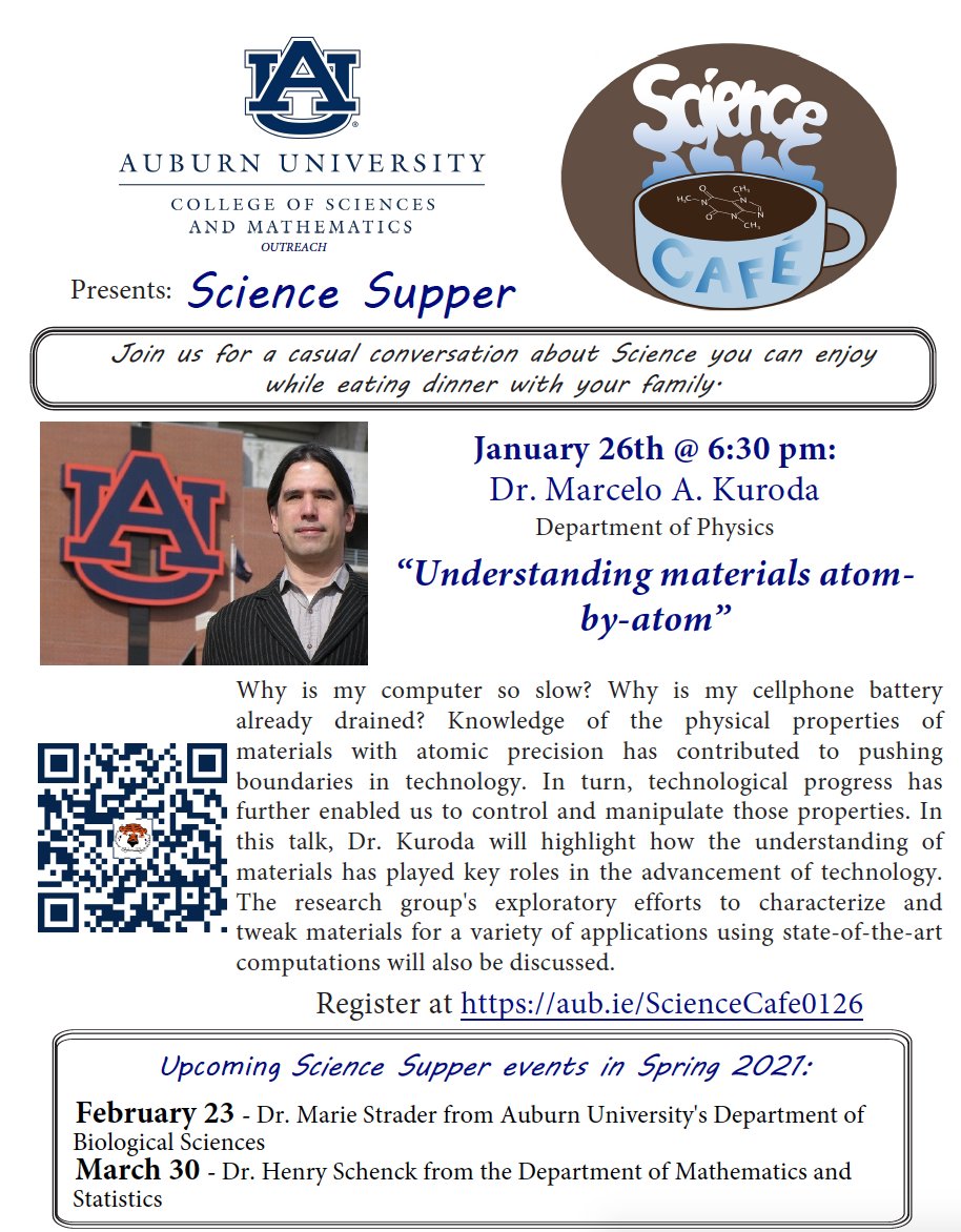COSAM (@cosamau) on Twitter photo Do you ever wonder why is my computer so slow? Why is my cellphone battery already drained?
Be part of an engaging discussion and learn the answers at the first Science Supper of 2021: “Understanding materials atom-by-atom” - aub.ie/EZxp7l
<a href="/COSAMOutreach/">COSAM STEM Outreach</a> Do you ever wonder why is my computer so slow? Why is my cellphone battery already drained?
Be part of an engaging discussion and learn the answers at the first Science Supper of 2021: “Understanding materials atom-by-atom” - aub.ie/EZxp7l
<a href="/COSAMOutreach/">COSAM STEM Outreach</a>