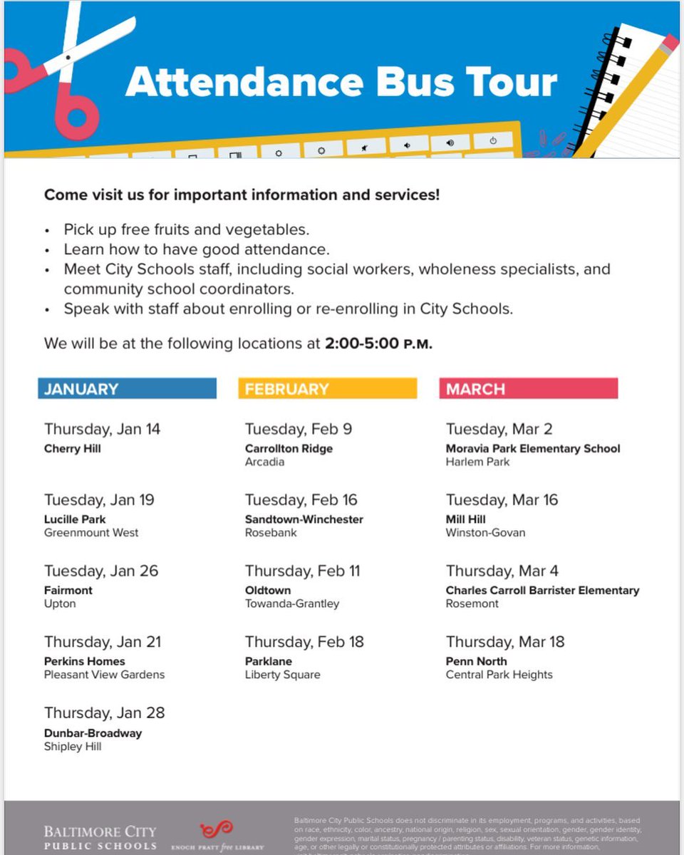 📣  #ResourceAlert: TODAY in Cherry Hill from 2 – 5 pm @BaltCitySchools will hold an Attendance Fair in @CFSMM701's parking lot. Head over to pick up free fruits + vegetables 🥦, learn about how to have good attendance ✅, and get to know City Schools staff 👩🏽‍🏫!