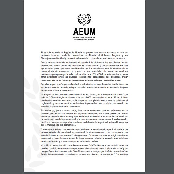 AsambleaUm's tweet photo. ▶️ Desde AEUM hacemos público nuestro comunicado exigiendo una vez más un modelo alternativo a la evaluación presencial, para no poner en riesgo la salud de los estudiantes. 

#NoOsImportamosUM #ExamenesOnlineYa #LopezMirasDimisión #LujánDimisión

@umuball @ElinformerUMU https://t.co/pgiZynN7I0