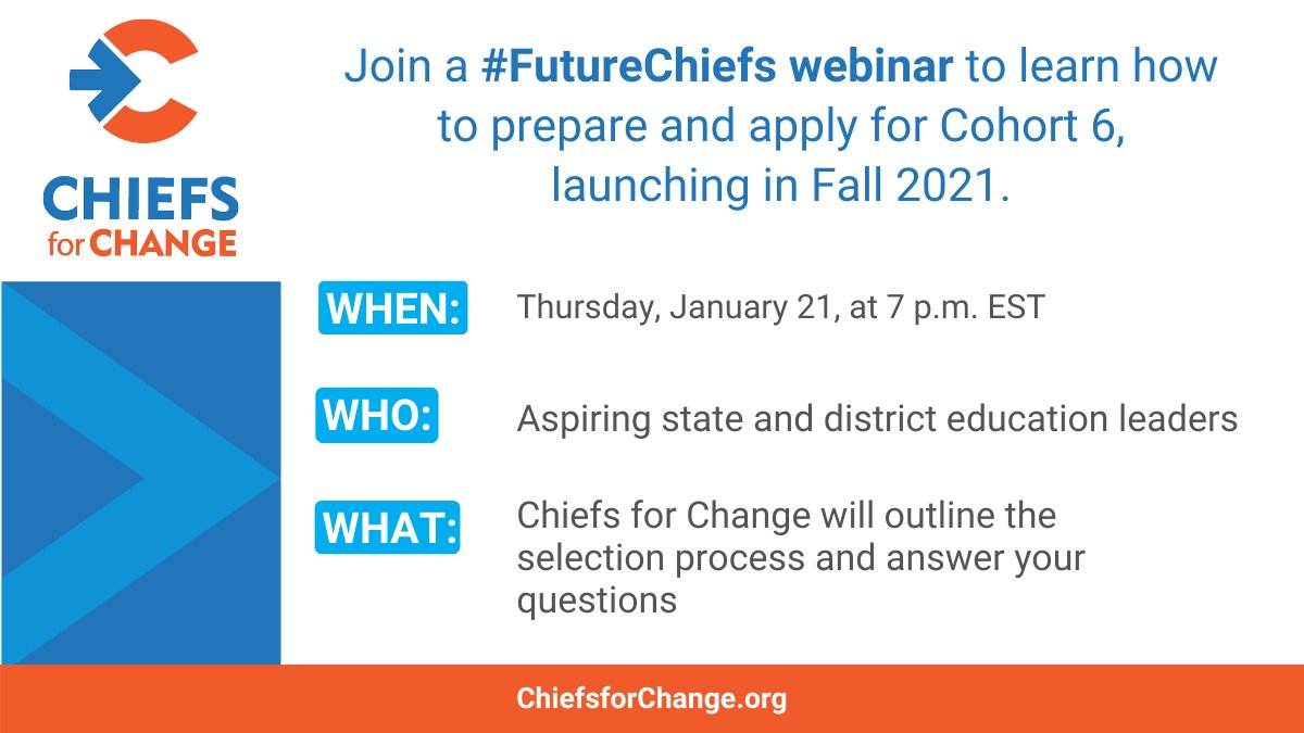 Tune in to our webinar next Thursday to hear how our #FutureChiefs program is helping to build the pipeline of talented and diverse educators ready to lead major school systems, and to learn about the selection process for Cohort 6.   docs.google.com/forms/d/e/1FAI…