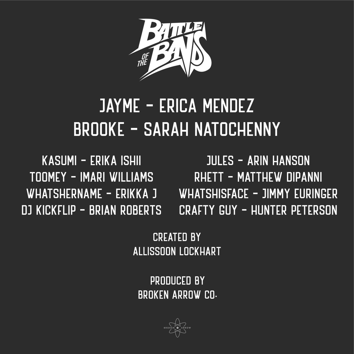 #BattleOfTheBands VO CAST:
-
-
JAYME x <a href="/tsunderica/">Erica Mendez</a>
BROOKE x <a href="/sarahnatochenny/">Sarah Natochenny 🦄</a>
KASUMI x <a href="/erikaishii/">Erika Ishii</a>
JULES x <a href="/egoraptor/">Arin Hanson</a>
TOOMEY x @ImariSpeaks
RHETT x <a href="/mattdipanni/">Matthew Di Panni</a>
WHATSHERNAME x <a href="/misserikkaj/">GoldE Vox</a>
WHATSHISFACE x <a href="/jimmyurine/">Jimmy Urine</a>
DJ KICKFLIP x @Brinewr
CRAFTY GUY x <a href="/hitherehunter/">Hunter Peterson</a>

THREAD BELOW