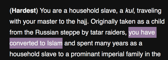 What is most disturbing about the Hajj game is that you can choose to play as a 'household slave', whose bio describes as being "taken as a child" and later "converting to Islam" whilst still enslaved. You are allocated the name Safiye, but can change this (agency?).