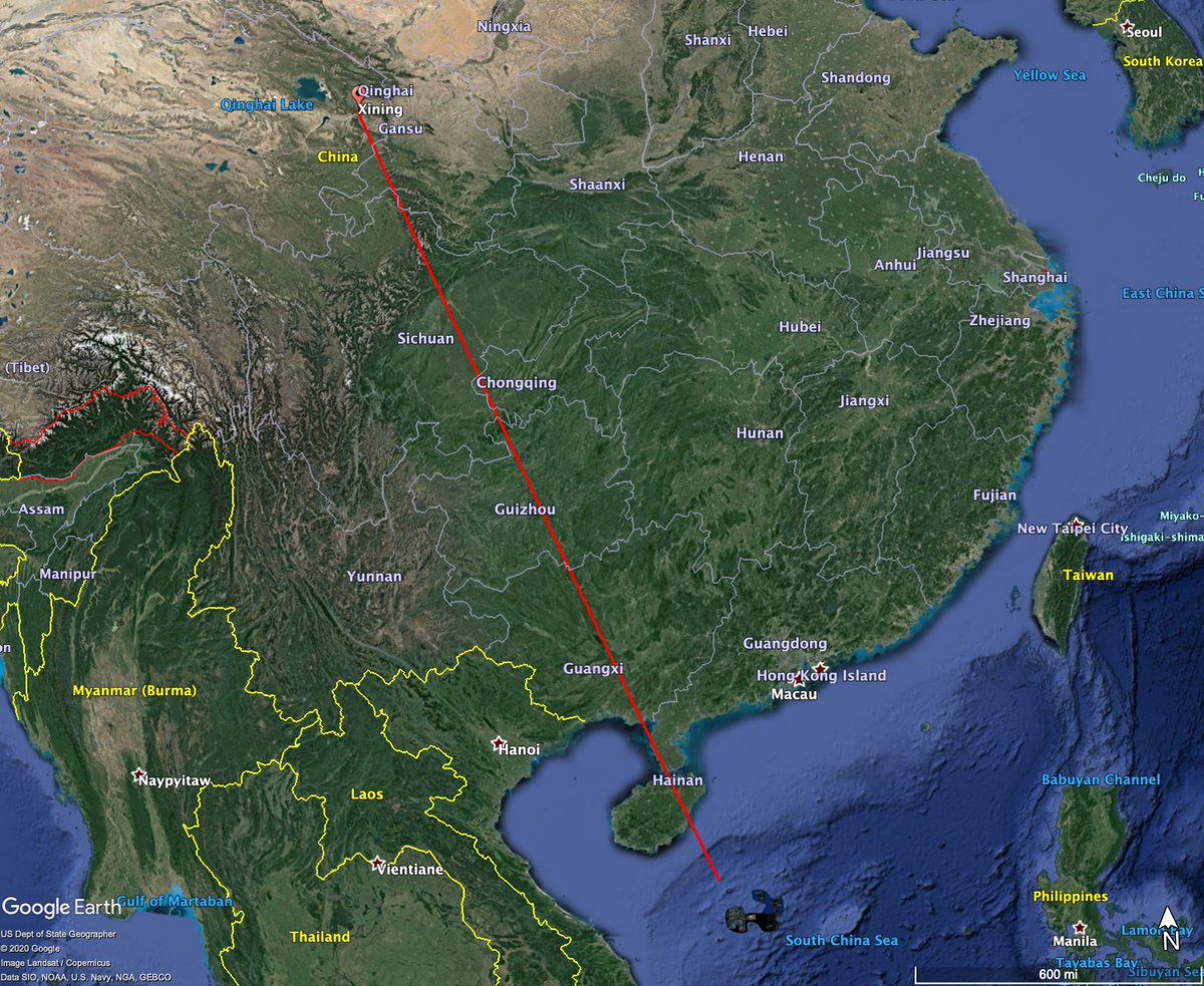 Some perspective:China apparently hit a moving ship target in the South China Sea with a missile fired from Qinghai province, roughly 2300km away.This would be the equivalent of the U.S. hitting a moving ship target off the tip of Florida with a missile fired from Kansas.  https://twitter.com/AndrewSErickson/status/1349546966661828610