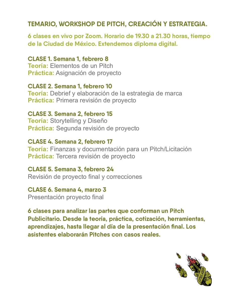 TEMARIO, Workshop Creación y Estrategia de Pitch
6 clases x Zoom
Imparte @Ladecuentas, quien cuenta con 20 años de experiencia en agencias/marcas de México, en la parte de New Business, Mkt Digital y Contacto a Clientes, actualmente es Business Consultant Specialist https://t.co/TSq4kzOs7p