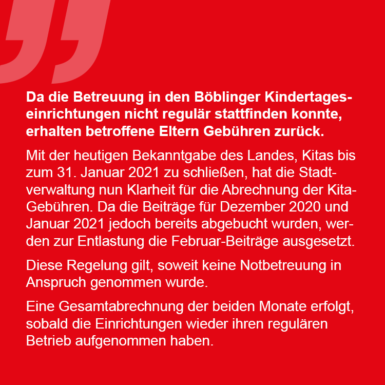 #bbmeldung: Kita-Gebühren werden für Dezember und Januar nachberechnet.
#stadtbb #stadtböblingen #böblingen #dagersheim #corona #covid19 #kita